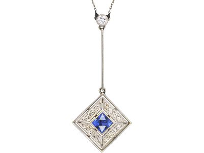 Art Deco 18ct Gold & Platinum, Sapphire & Diamond Pendant on Chain