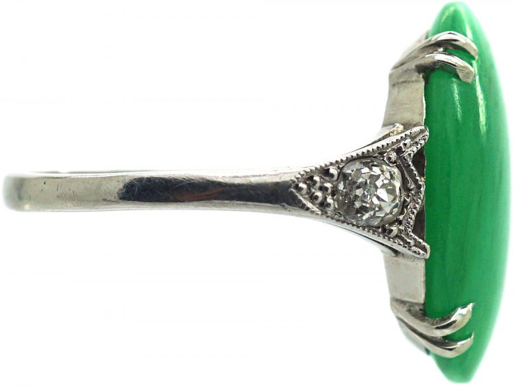 Art Deco 18ct White Gold & Platinum, Jade Ring with Diamond Set Shoulders