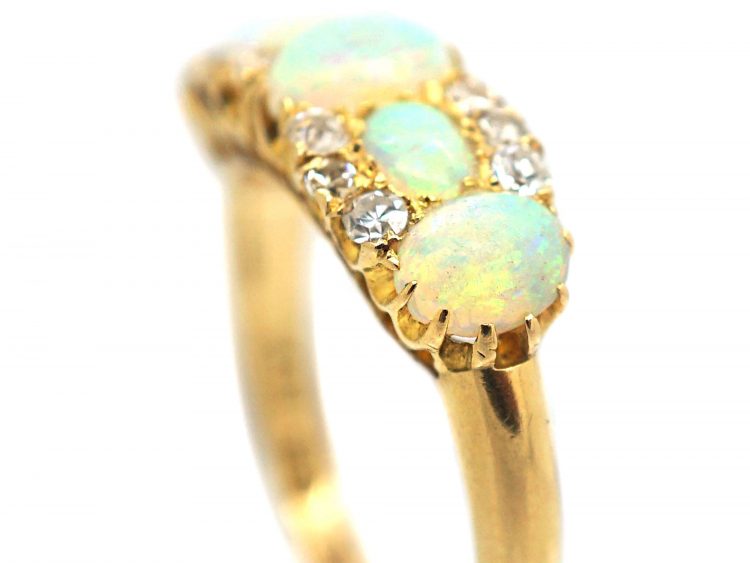 Edwardian 18ct Gold, Five Stone Opal & Diamond Ring