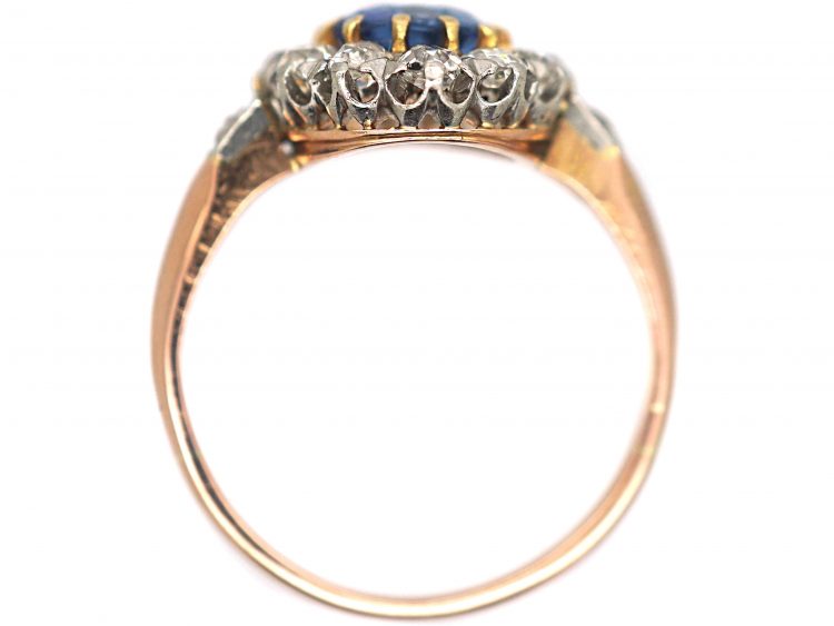 French Belle Epoque 18ct Gold, Platinum, Ceylon Sapphire & Diamond Cluster Ring with Diamond Set Shoulders