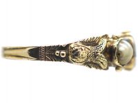 Georgian Scottish 9ct Gold, Flat Cut Garnet & Natural Split Pearl Ring with Thistle Motif Shoulders