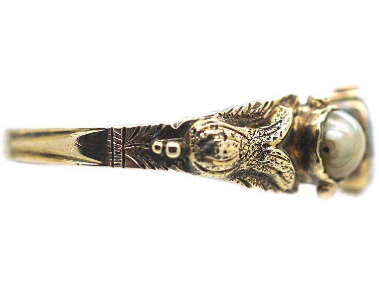 Georgian Scottish 9ct Gold, Flat Cut Garnet & Natural Split Pearl Ring with Thistle Motif Shoulders