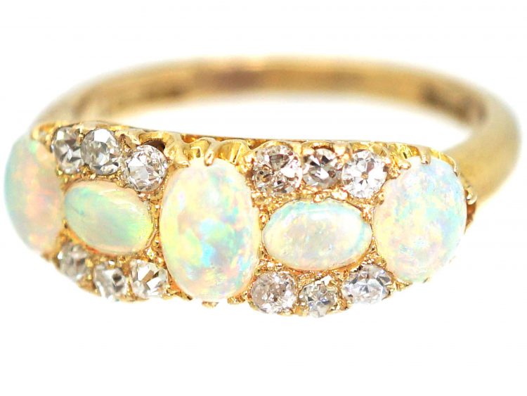 Edwardian 18ct Gold, Five Stone Opal & Diamond Ring