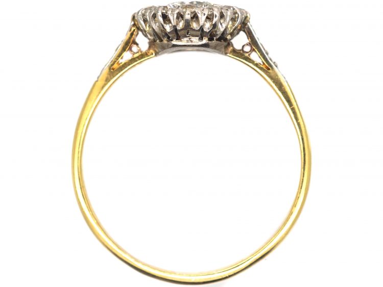 Edwardian 18ct Gold & Platinum Diamond Cluster Ring with Diamond Set Shoulders