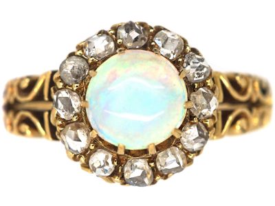 Edwardian 18ct Gold, Opal & Rose Diamond Cluster Ring