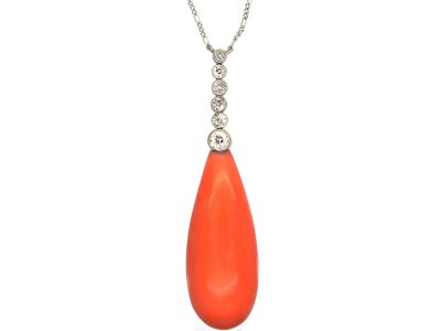 Art Deco Platinum, Diamond & Coral Pendant on a Platinum Chain
