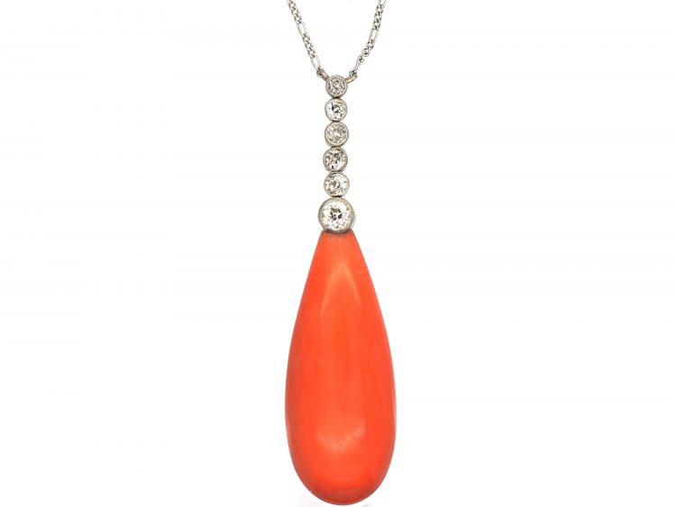 Art Deco Platinum, Diamond & Coral Pendant on a Platinum Chain
