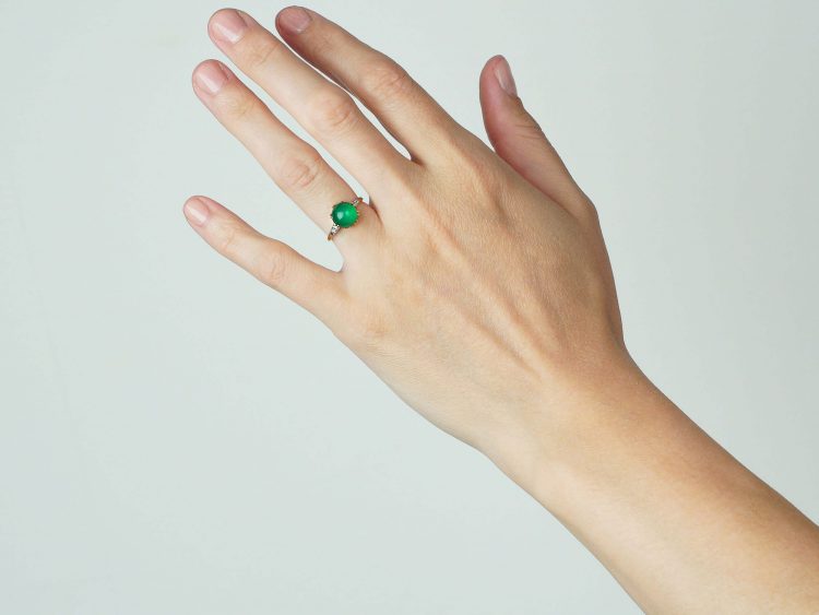Art Deco 15ct Gold & Platinum Ring set with Green Chalcedony with Diamond set Shoulders