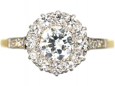 Edwardian 18ct Gold & Platinum Diamond Cluster Ring with Diamond Set Shoulders