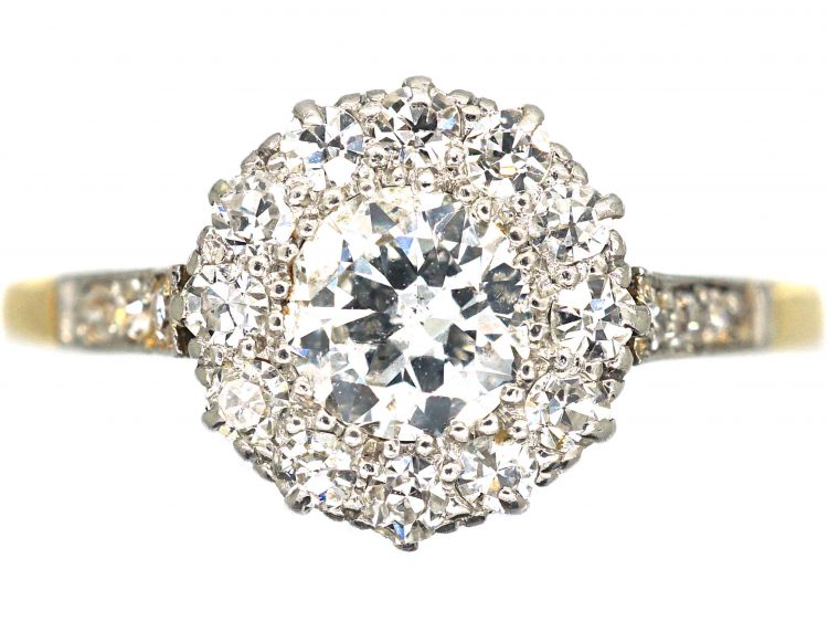 Edwardian 18ct Gold & Platinum Diamond Cluster Ring with Diamond Set Shoulders