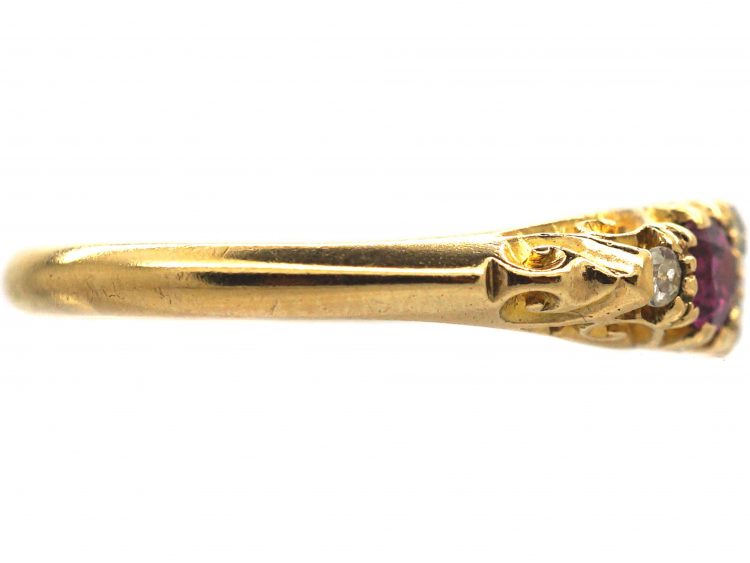 Edwardian 18ct Gold, Ruby & Diamond Narrow Boat Shaped Carved Half Hoop Ring