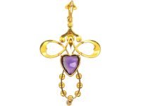 Edwardian 15ct Gold Pendant set with a Heart Shaped Amethyst & Natural Split Pearls in Original Case