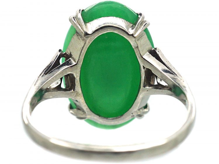 Art Deco 18ct White Gold & Platinum, Jade Ring with Diamond Set Shoulders