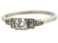 Art Deco 18ct White Gold, Diamond Solitaire Ring with Step Cut Diamond set Shoulders