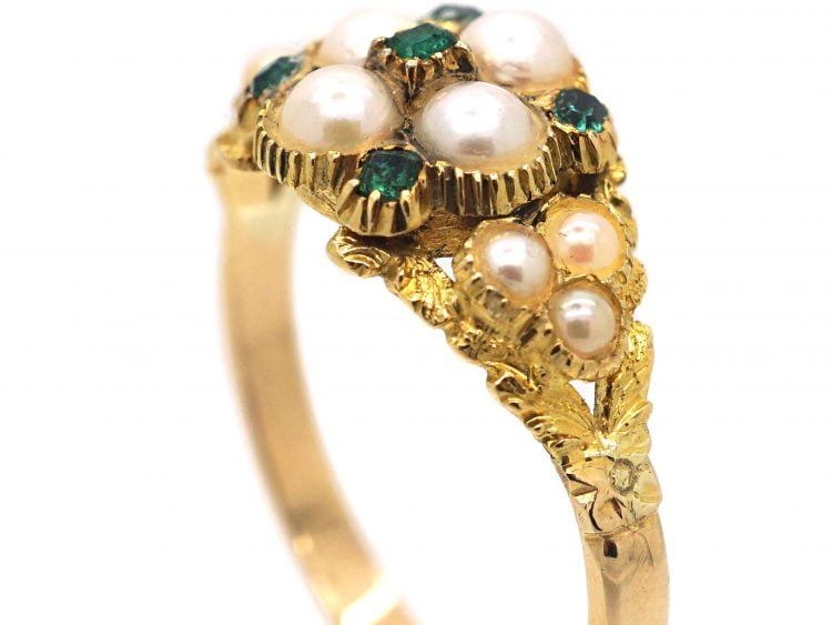 Regency 15ct Gold Natural Split Pearl & Emerald Cluster Ring with Natural Split Pearl Set Shoulders