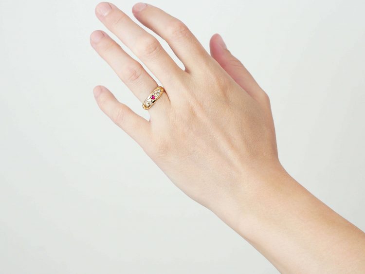 Victorian 18ct Gold, Ruby & Rose Diamond Gypsy Ring with Ornate Shoulders
