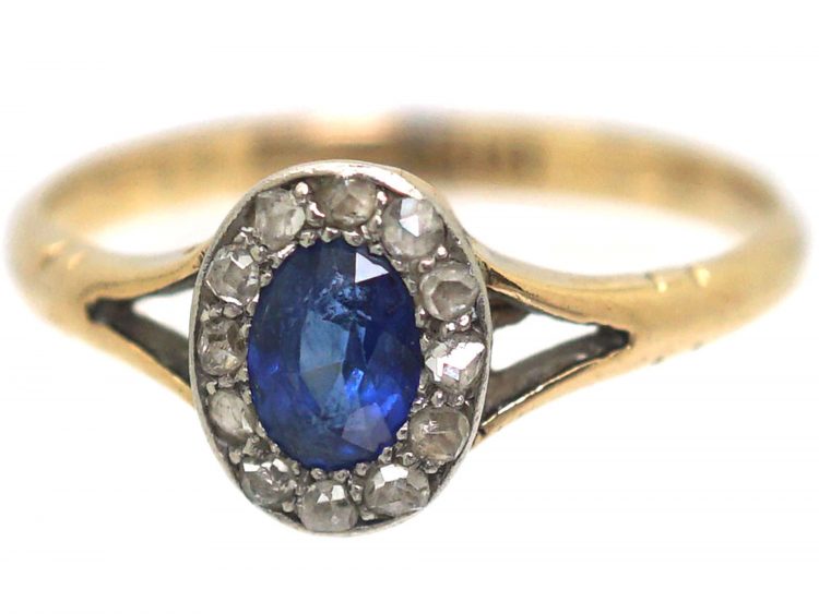 Edwardian 9ct Gold, Sapphire & Diamond Oval Cluster Ring