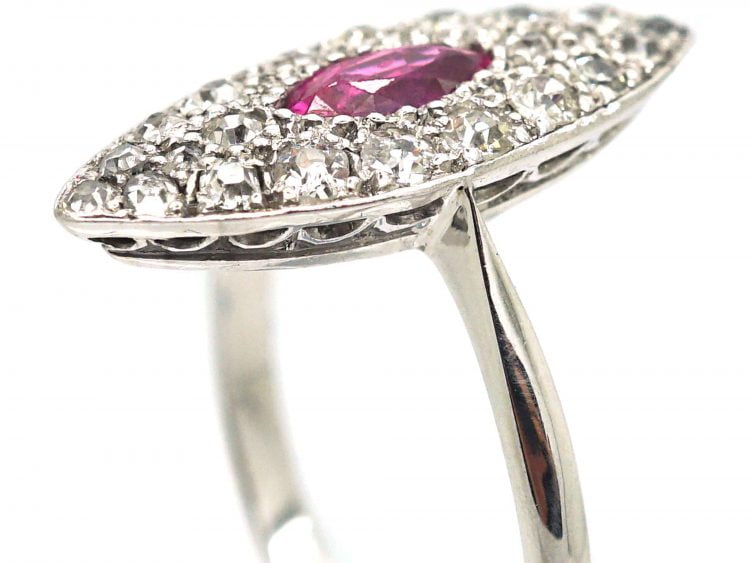 Edwardian 18ct White Gold & Platinum, Diamond & Pink Sapphire Marquise Shaped Ring