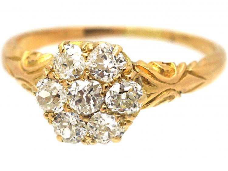 Edwardian 18ct Gold & Diamond Cluster Ring with Ornate Shoulders