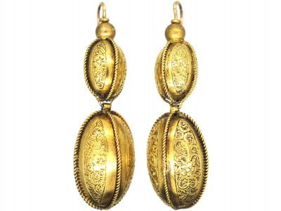 Victorian 15ct Gold Drop Earrings With Gold Rope & Engraved Detail