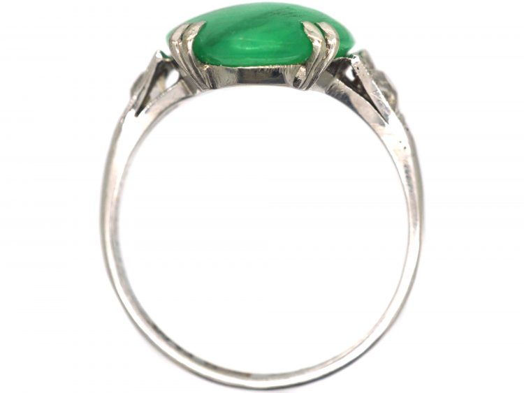 Art Deco 18ct White Gold & Platinum, Jade Ring with Diamond Set Shoulders