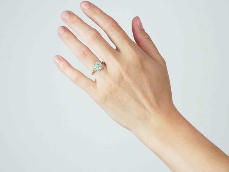Edwardian 18ct Gold & Platinum, Opal & Diamond Flower Cluster Ring