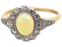 Edwardian 18ct Gold & Platinum, Opal & Diamond Cluster Ring with Diamond Set Shoulders