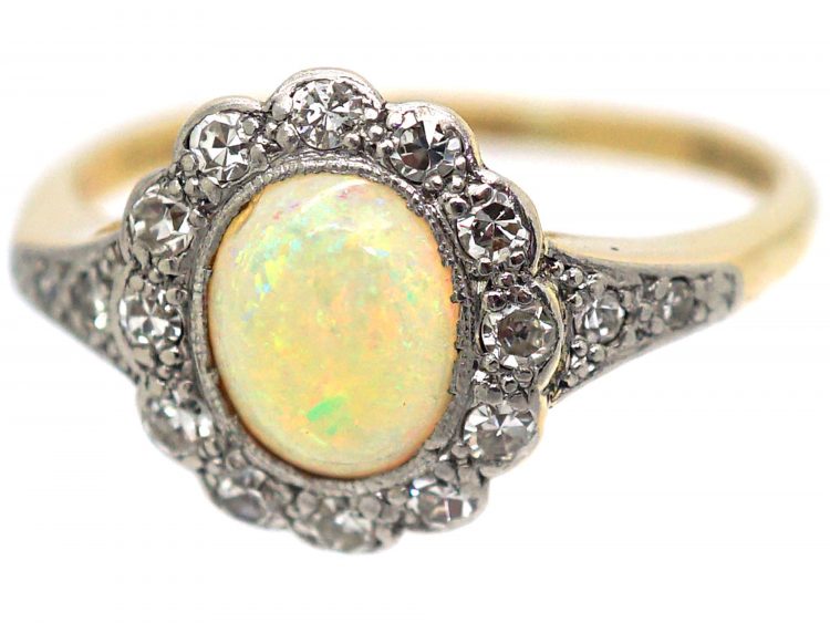 Edwardian 18ct Gold & Platinum, Opal & Diamond Cluster Ring with Diamond Set Shoulders