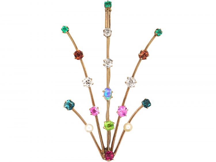 Edwardian 15ct Gold Harlequin Comet Brooch set with Different Gemstones