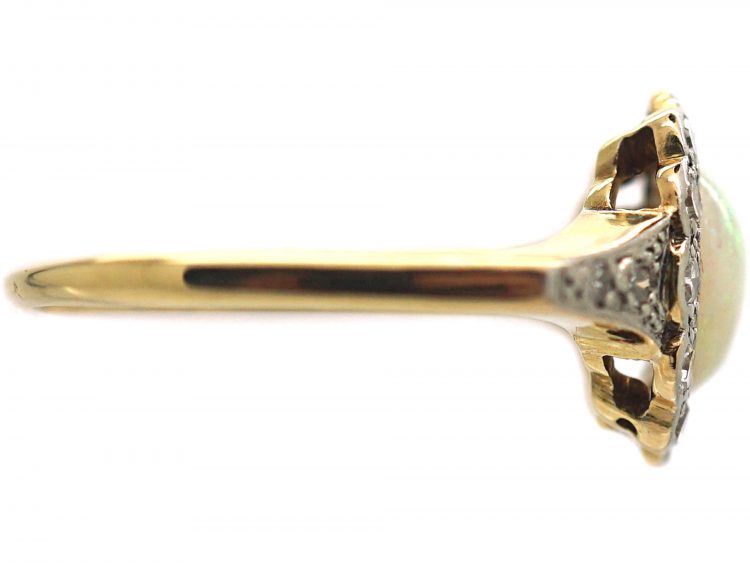 Edwardian 18ct Gold & Platinum, Opal & Diamond Cluster Ring with Diamond Set Shoulders