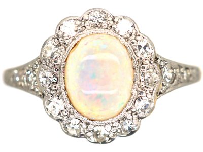 Edwardian 18ct Gold & Platinum, Opal & Diamond Cluster Ring with Diamond Set Shoulders