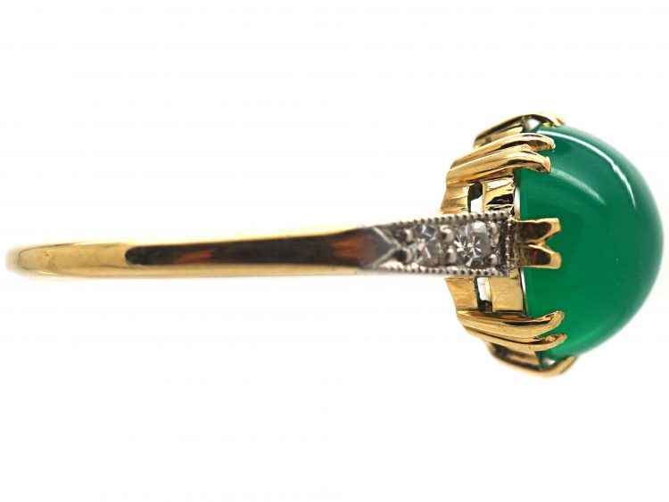 Art Deco 15ct Gold & Platinum Ring set with Green Chalcedony with Diamond set Shoulders