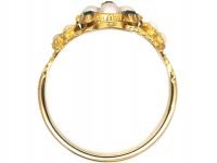 Regency 15ct Gold Natural Split Pearl & Emerald Cluster Ring with Natural Split Pearl Set Shoulders