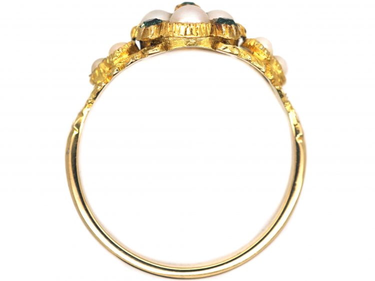 Regency 15ct Gold Natural Split Pearl & Emerald Cluster Ring with Natural Split Pearl Set Shoulders
