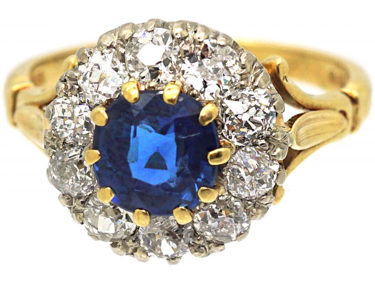 18ct Gold, Royal Blue Sapphire & Diamond Cluster Ring