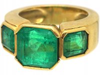 French 18ct Gold Large Three Stone Colombian Emerald Ring