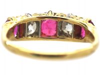 Victorian 18ct Gold, Five Stone Ruby & Diamond Carved Half Hoop Ring