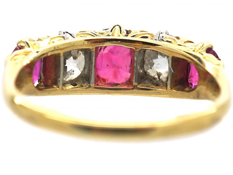 Victorian 18ct Gold, Five Stone Ruby & Diamond Carved Half Hoop Ring