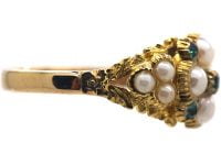Regency 15ct Gold Natural Split Pearl & Emerald Cluster Ring with Natural Split Pearl Set Shoulders