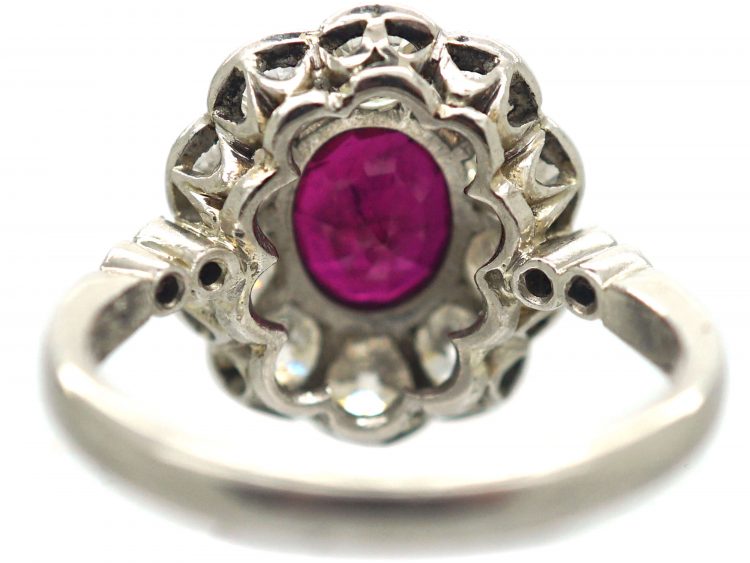 Art Deco 18ct White Gold, Burma Ruby & Diamond Oval Cluster Ring