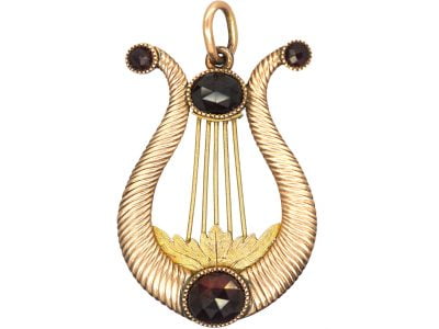 Georgian 9ct Gold & Rose Cut Garnet Lyre Pendant