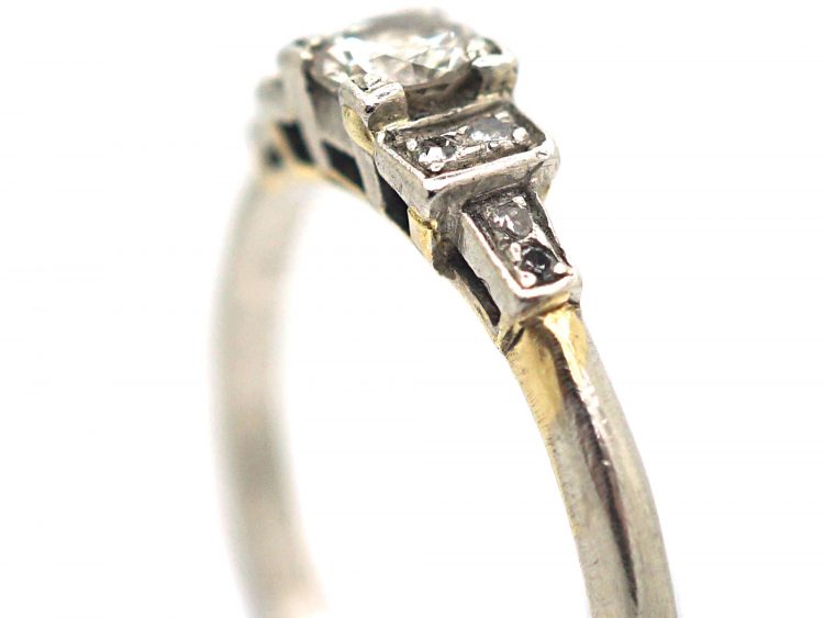 Art Deco 18ct White Gold, Diamond Solitaire Ring with Step Cut Diamond set Shoulders