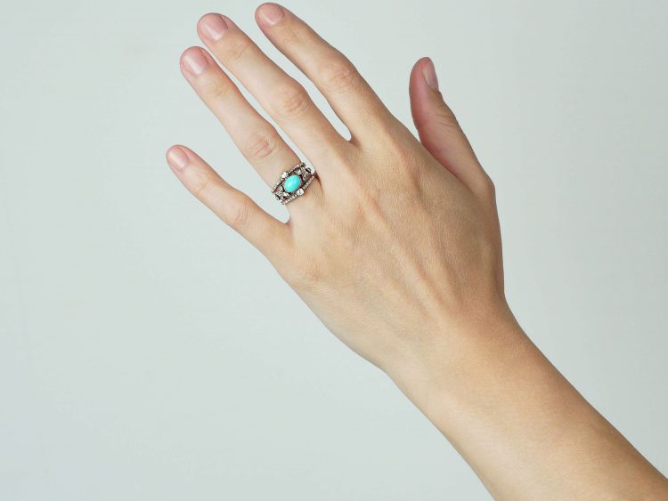 Edwardian 18ct Gold Turquoise & Diamond Ring with Rose Diamond Leaf Detail