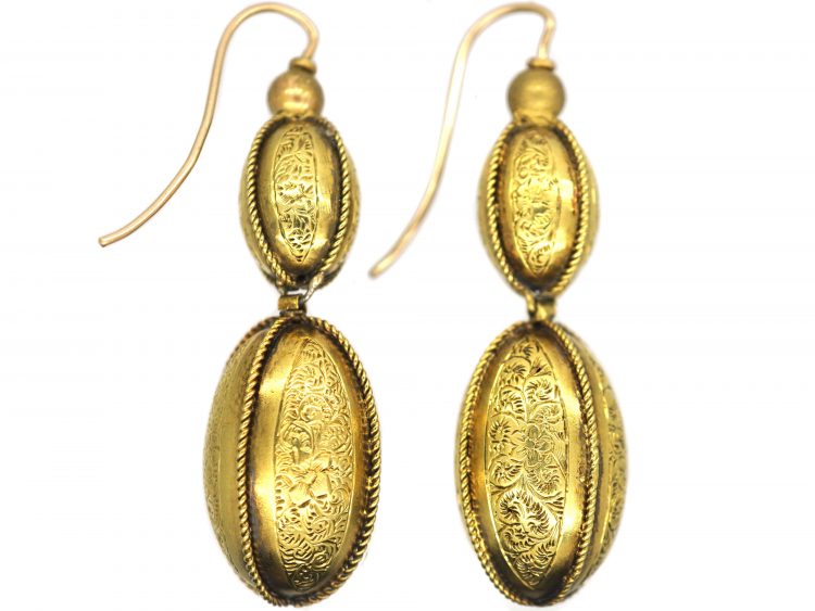 Victorian 15ct Gold Drop Earrings With Gold Rope & Engraved Detail