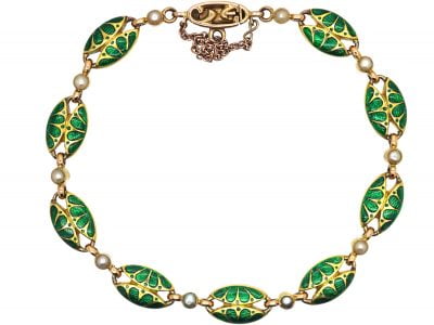 Art Nouveau 15ct Gold & Green Enamel & Natural Pearl Bracelet