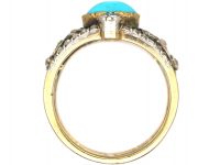 Edwardian 18ct Gold Turquoise & Diamond Ring with Rose Diamond Leaf Detail