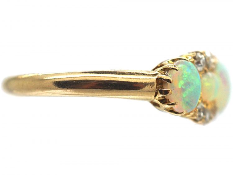 Edwardian 18ct Gold, Five Stone Opal & Diamond Ring