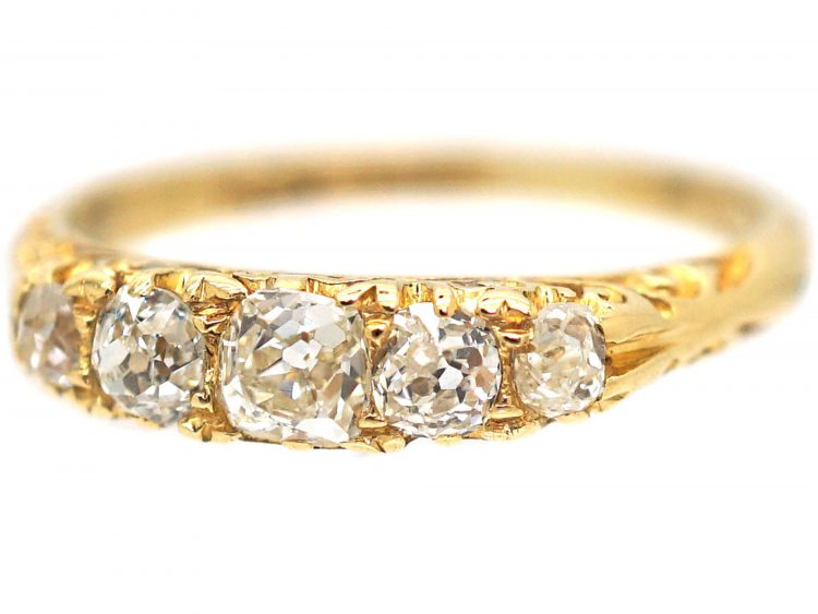 Victorian 18ct Gold & Five Stone Diamond Carved Half Hoop Ring