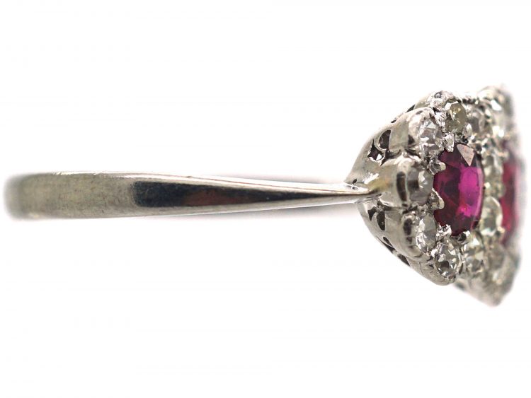 Edwardian 18ct White Gold, Three Stone Ruby & Diamond Triple Cluster Ring