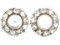 Large 18ct White Gold, Diamond & Pearl Cluster Earrings